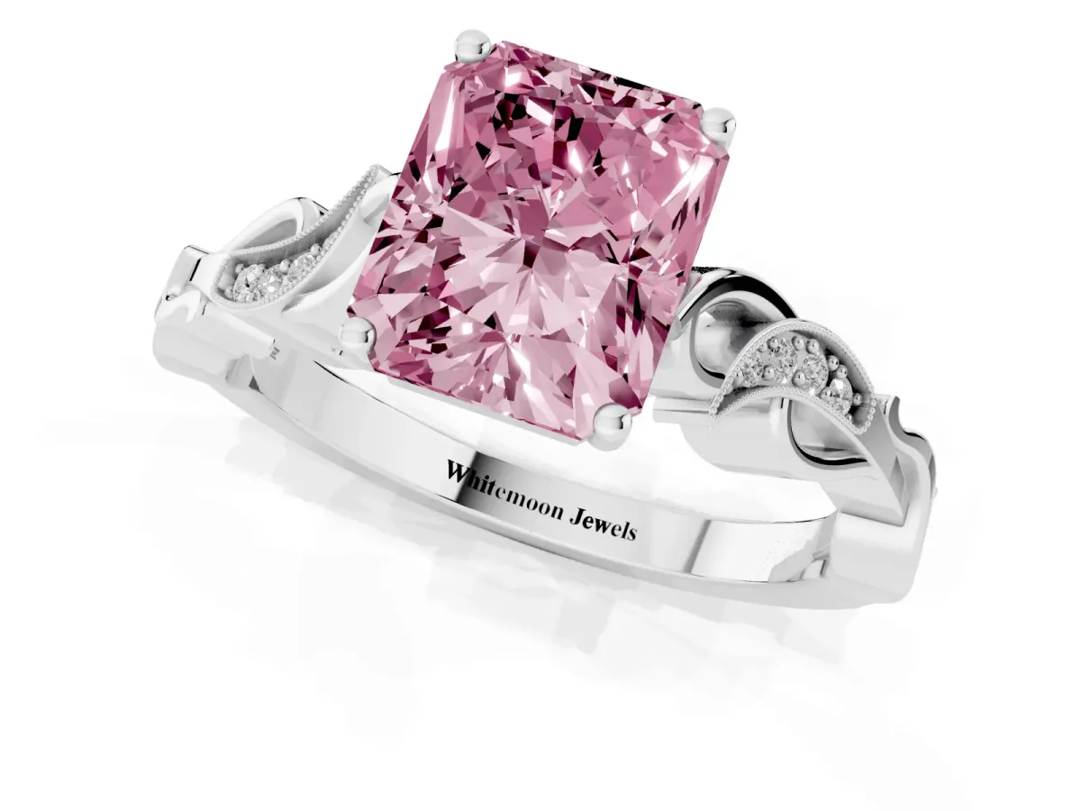Fancy Pink Radiant Cut Solitaire Vine Band with Milgrain Prong Setting Silver