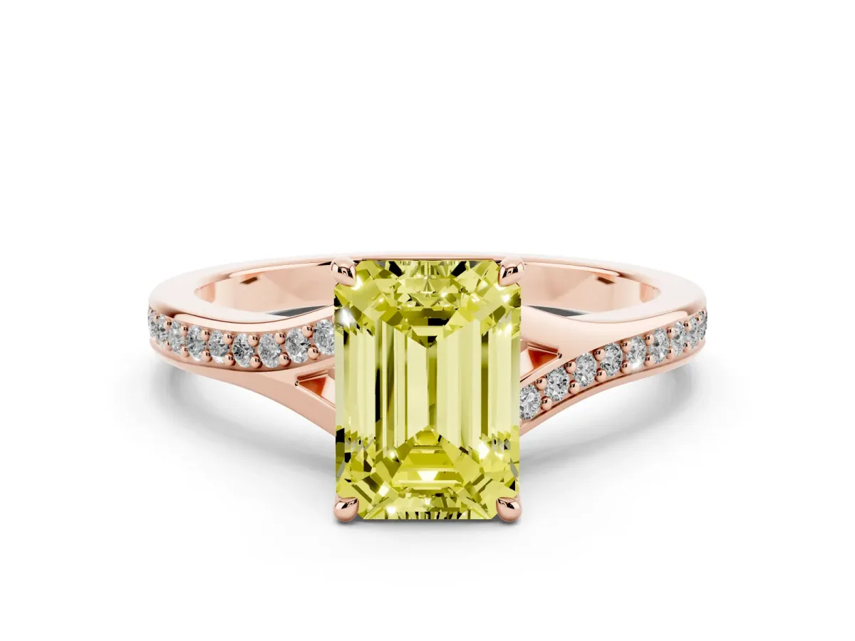 Fancy Yellow Emerald Cut Diamond Solitaire Ring with Pavé Band and Prong Setting Rose gold