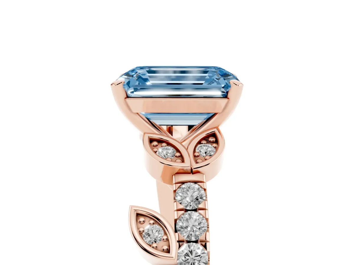 Fancy Blue Emerald Cut Solitaire Leaf-Inspired Diamond Ring with Pavé Band and Four-Prong Setting Rose gold