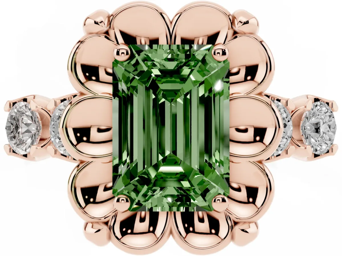 Fancy Green Emerald Cut Cut Diamond Floral Halo Engagement Ring with Shared Prong Setting Rose gold