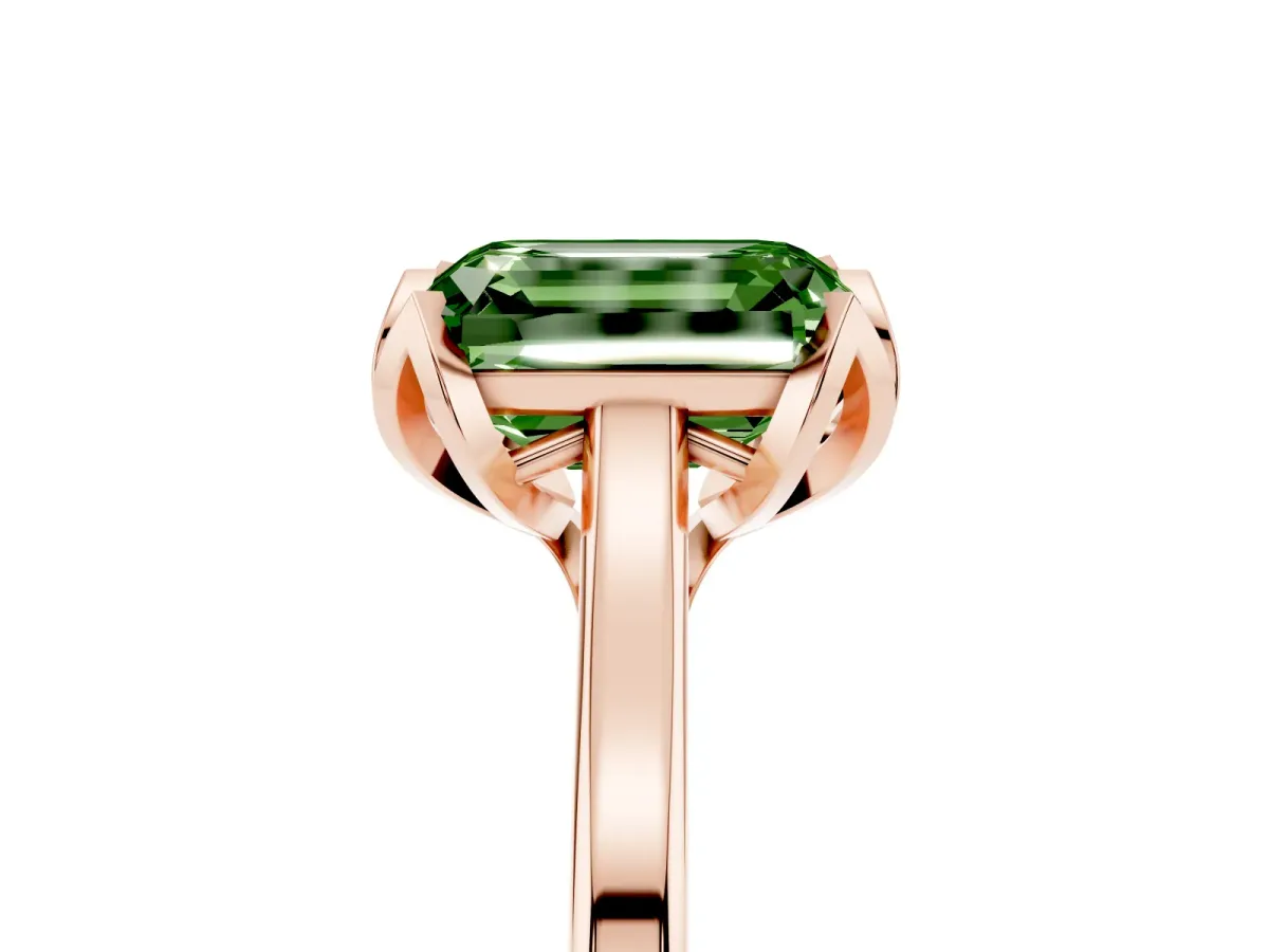 Fancy Green Emerald Cut Diamond Solitaire Ring with Flower Prong Setting and Classic Band Rose gold
