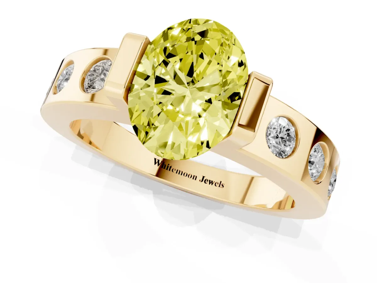 Fancy Yellow Oval Cut Brilliant Channel-Set Diamond Ring with Bezel Prong Setting Yellow gold