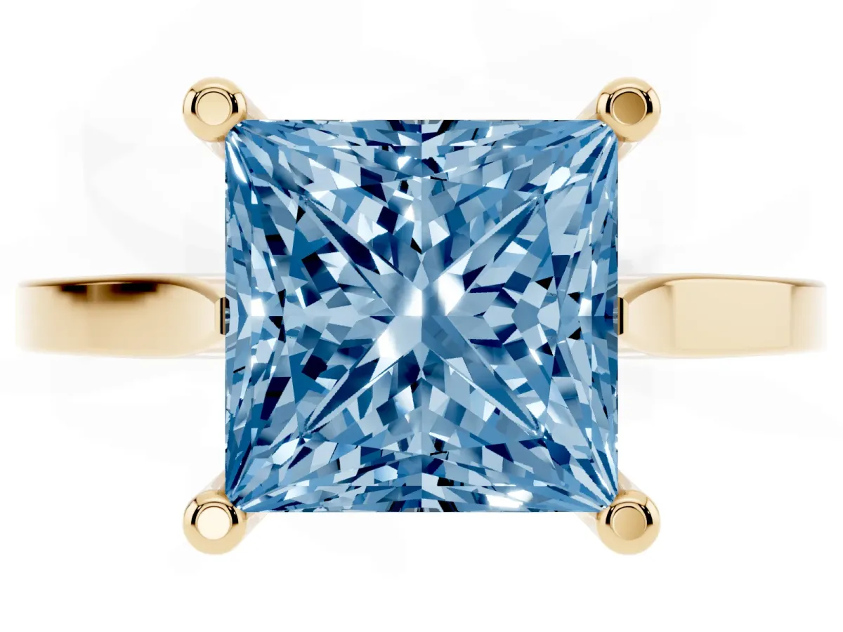Fancy Blue Princess Cut Solitaire Diamond Ring with Four-Prong Setting and Tapered Band Yellow gold