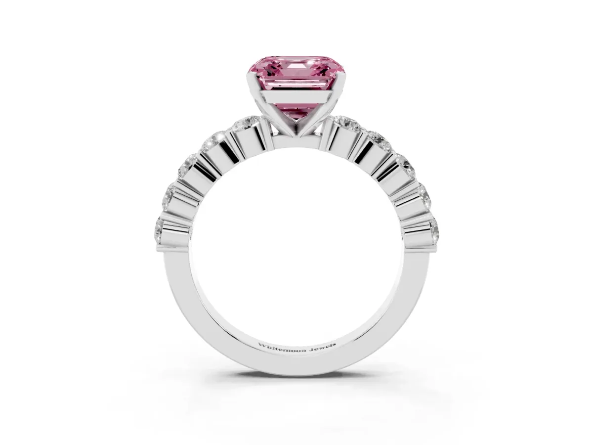 Fancy Pink Asscher Cut Diamond Solitaire Ring with Shared Prong Round Side Stones White gold