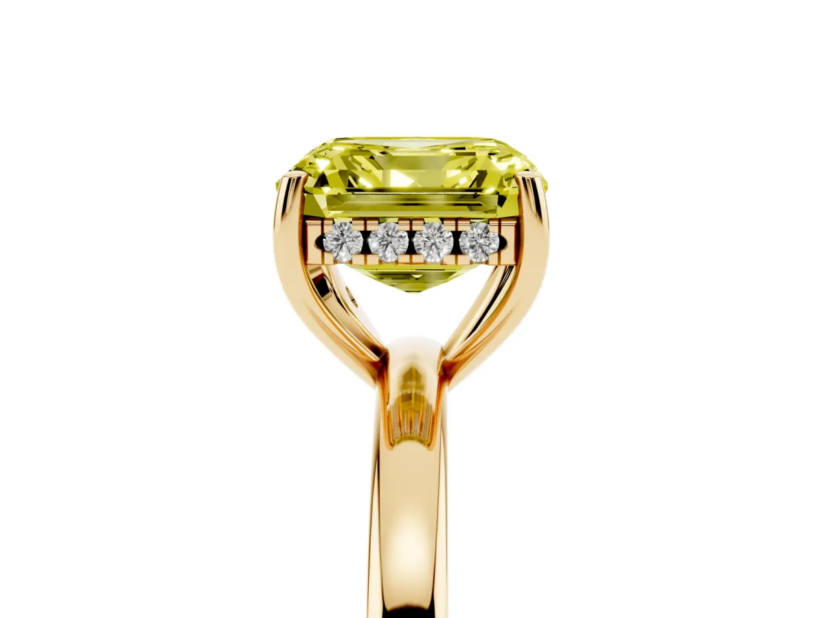 Fancy Yellow Asscher Cut Solitaire Diamond Ring with Prong Setting and Plain Band Yellow gold