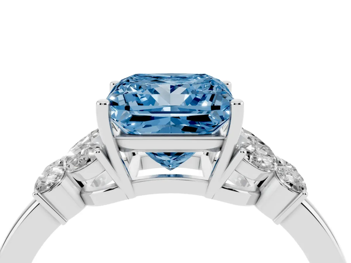 Fancy Blue Princess Cut Cut Solitaire Floral Diamond Ring with Four-Prong Setting Silver