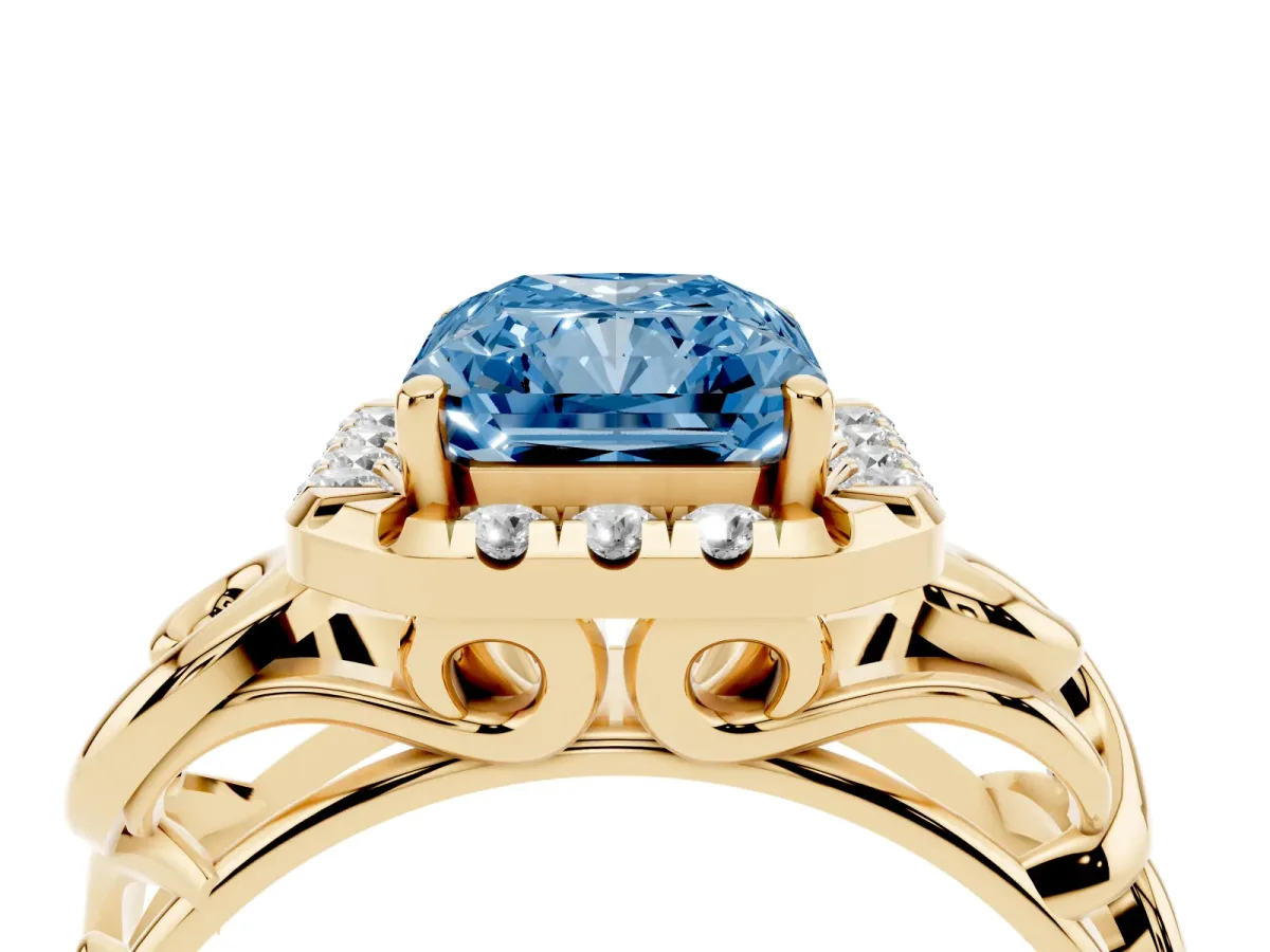 Fancy Blue Radiant Cut Cut Halo Diamond Ring with Scrollwork Band and Four-Prong Setting Yellow gold