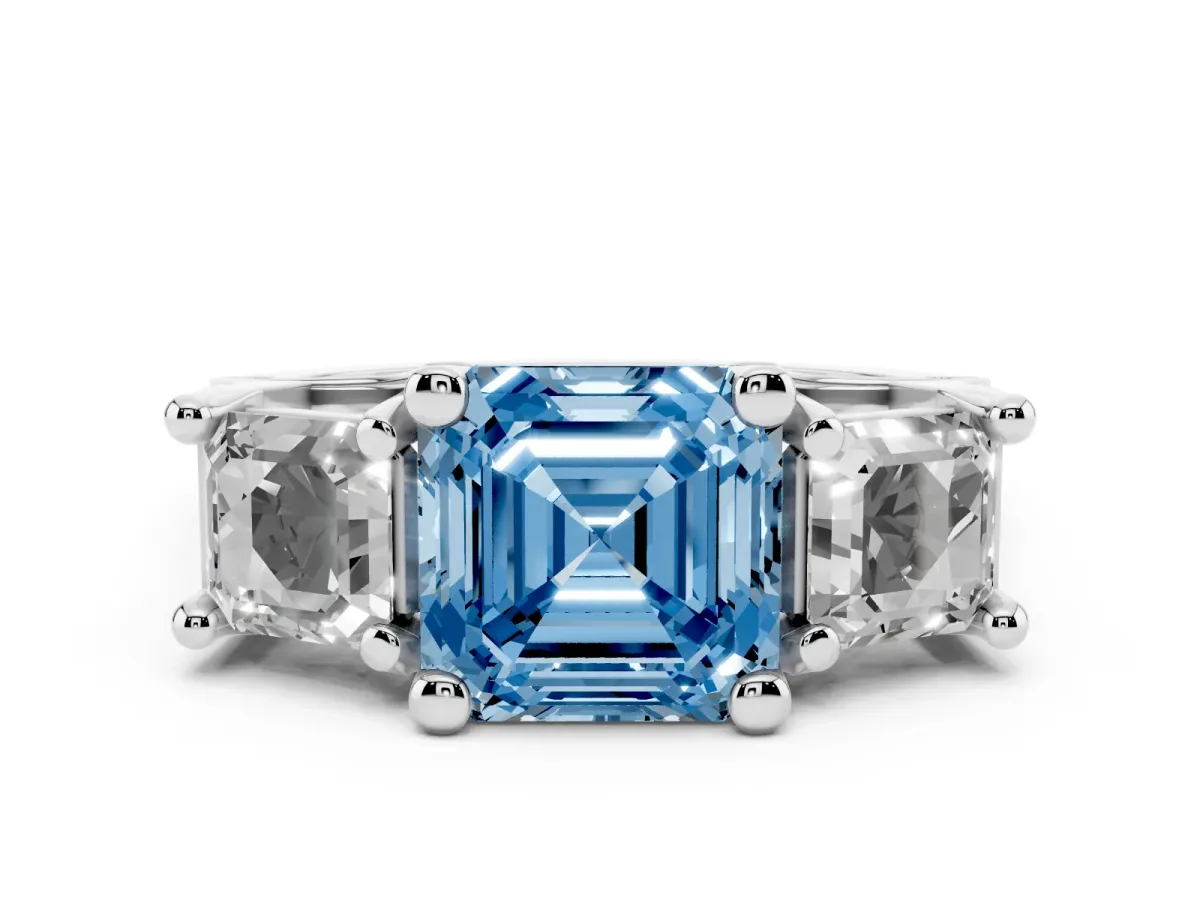 Fancy Blue Asscher Cut Diamond Three-Stone Ring with Channel Set Band and Four-Prong Setting Silver