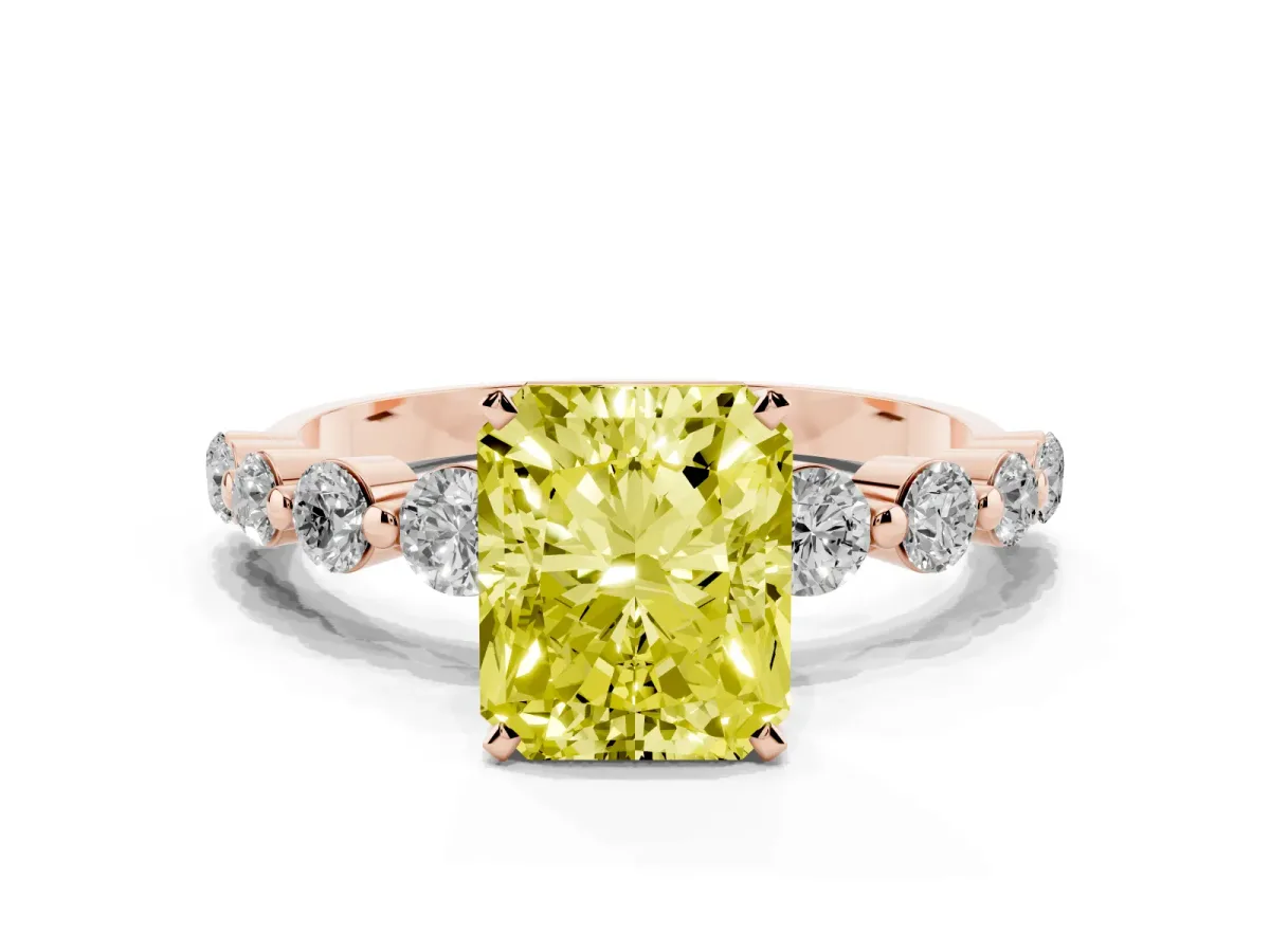 Fancy Yellow Radiant Cut Solitaire Diamond Ring with Pave Band and Four-Prong Setting Rose gold