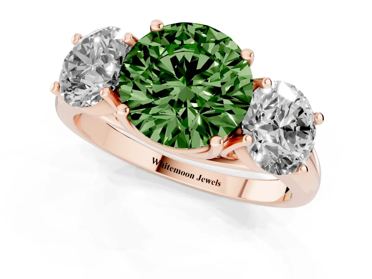 Fancy Green Three-Stone Round Cut Diamond Engagement Ring with Prong Setting Rose gold