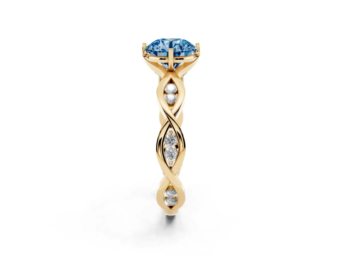 Fancy Blue Round Cut Solitaire Twist Band with Leaf Prong Setting Yellow gold