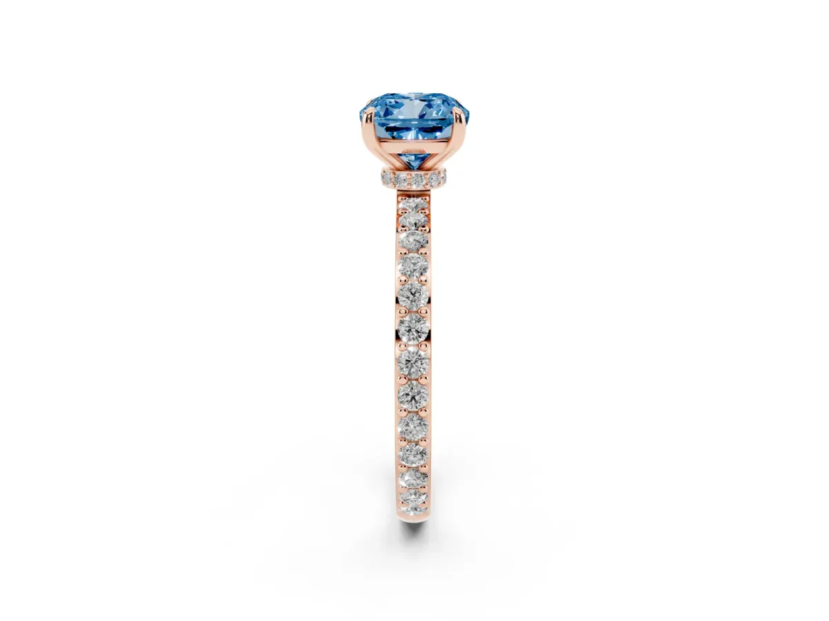 Fancy Blue Cushion Cut Diamond Pavé Engagement Ring with Round Accents and Prong Setting Rose gold