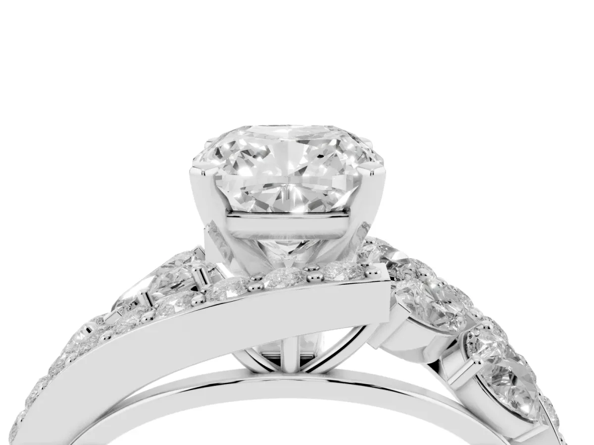 Cushion Cut Diamond Halo Ring with Marquise and Pavé Band in Prong Setting Silver