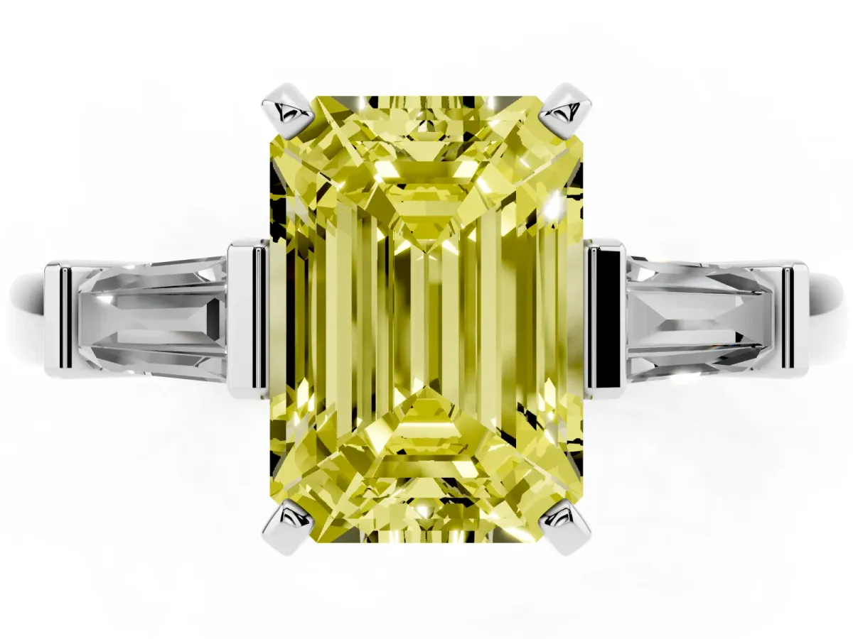 Fancy Yellow Emerald Cut Cut Diamond Solitaire Ring with Tapered Baguette Accents and Four-Prong Setting Silver