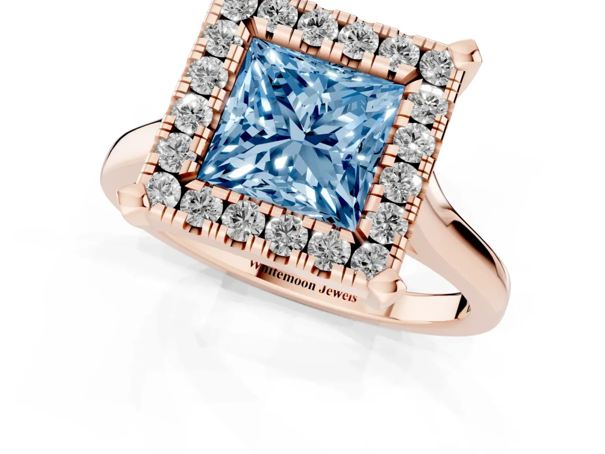 Fancy Blue Princess Cut Diamond Cluster Halo Solitaire with Four-Prong Setting Rose gold