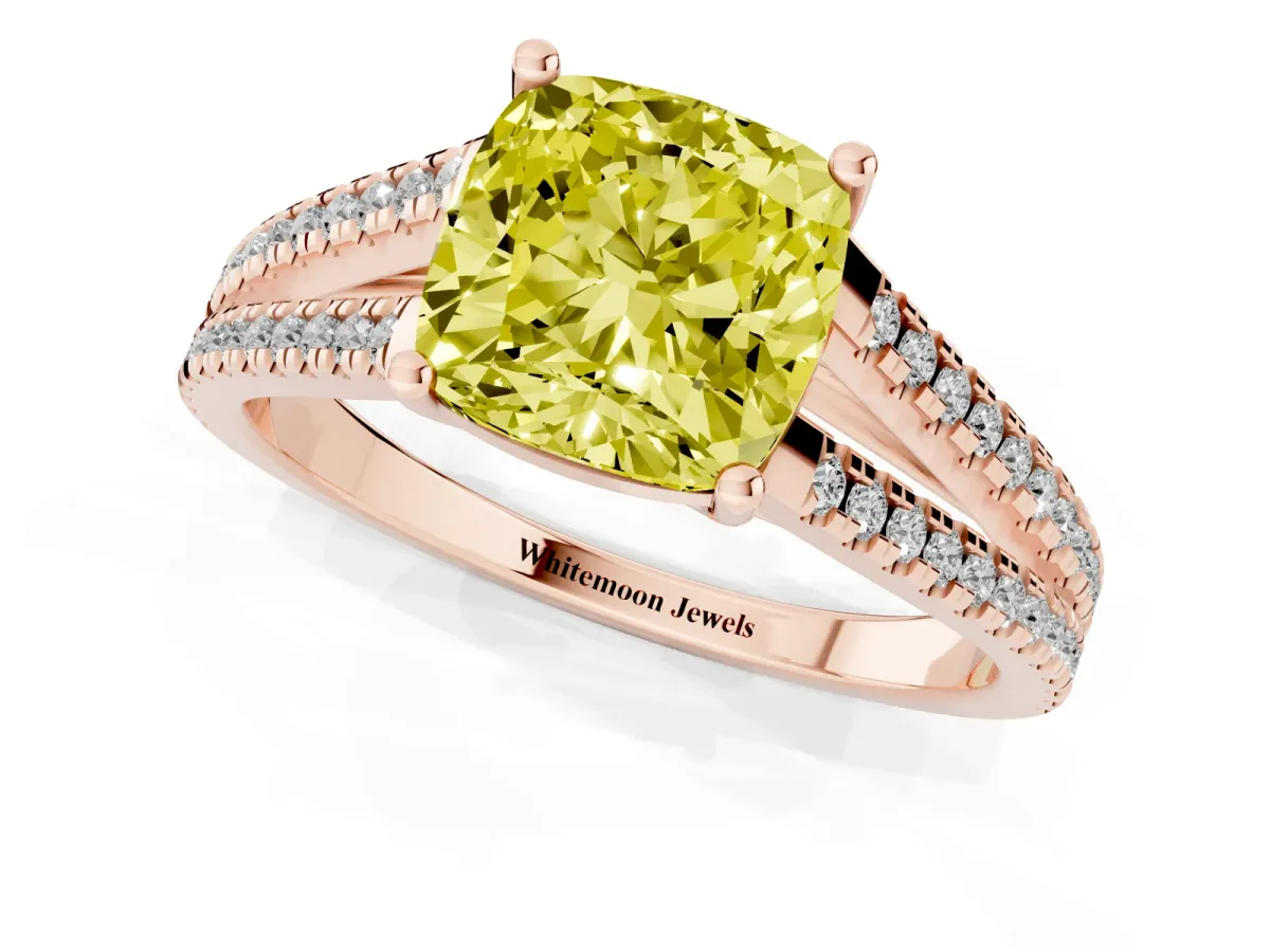 Fancy Yellow Cushion Cut Diamond Solitaire Engagement Ring with Split Shank Pavé Band Rose gold