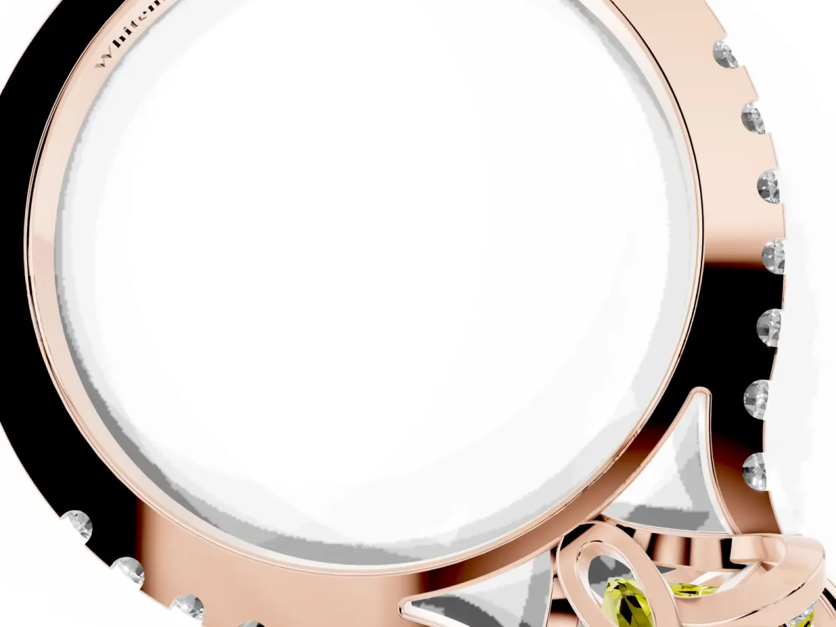 Fancy Yellow Round Cut Diamond Ring with Pavé Band and Floral Prong Setting Rose gold