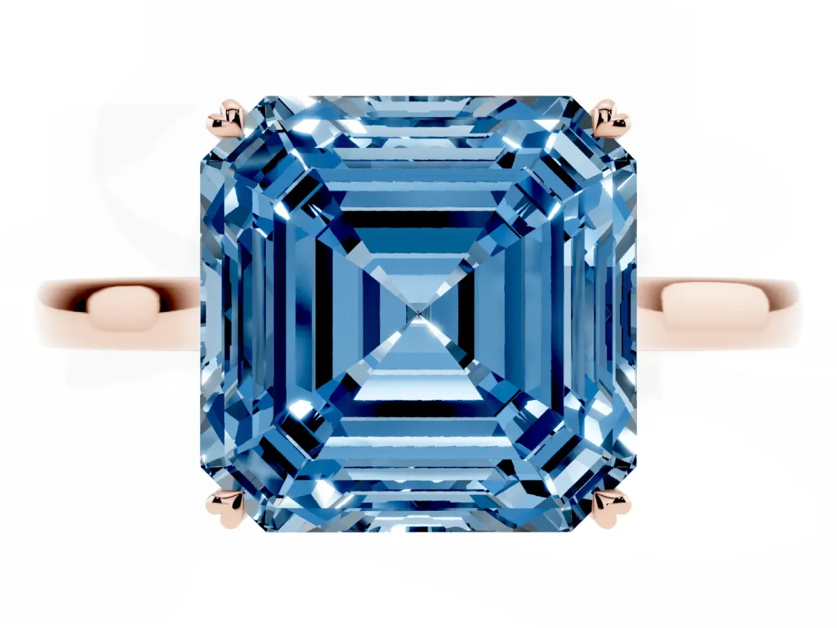 Fancy Blue Asscher Cut Solitaire Heart Prong Engagement Ring with Tapered Band Rose gold