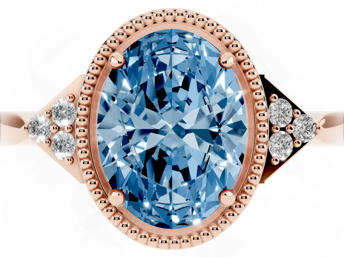Fancy Blue Hexagonal Halo Oval Cut Diamond Solitaire with Pavé Band and Four-Prong Setting Rose gold