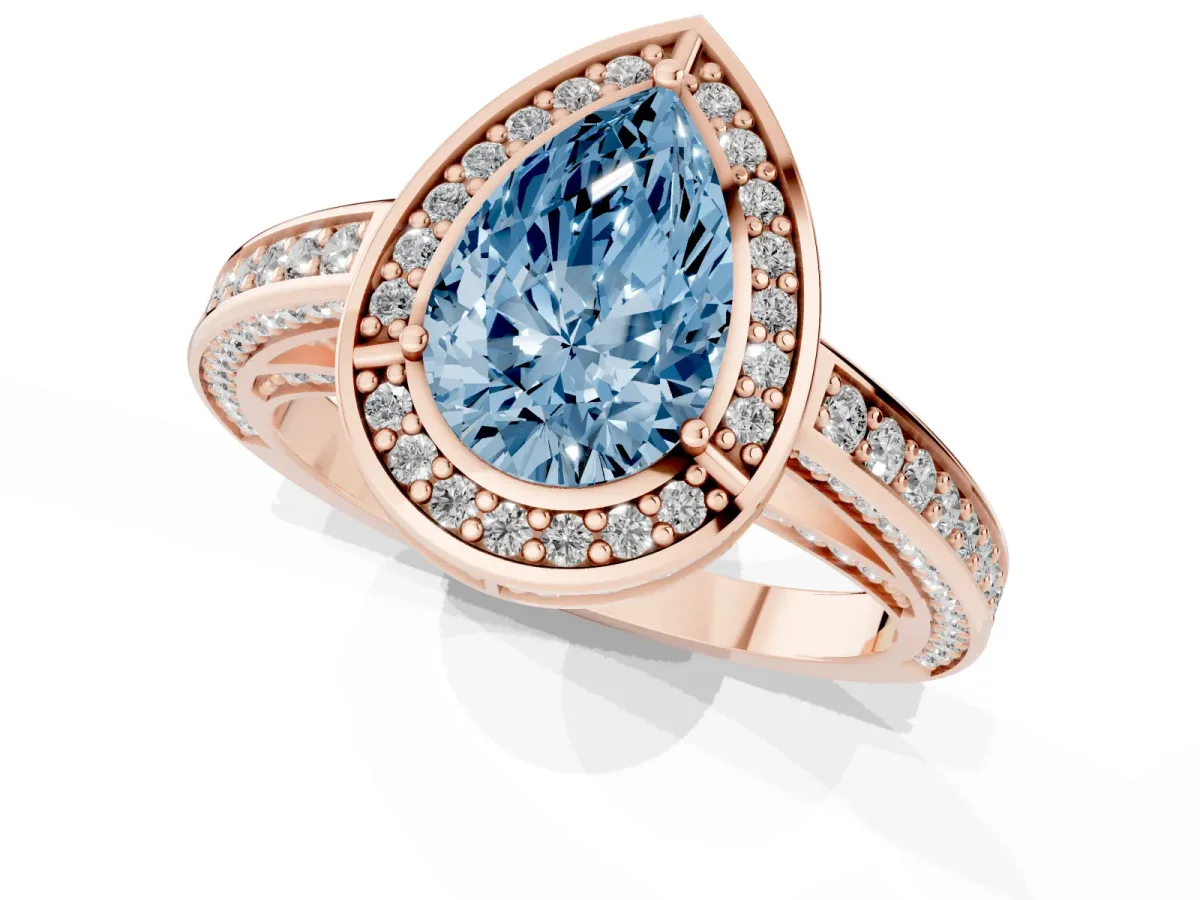 Fancy Blue Pear Cut Cut Halo Pave Split Shank Prong Setting Ring Rose gold