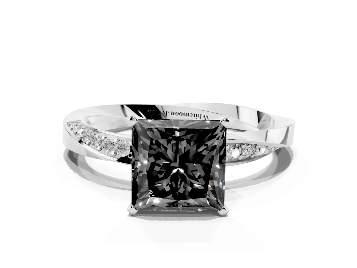 Fancy Black Princess Cut Diamond Engagement Ring with Side Stone Accents and Four-Prong Setting Silver