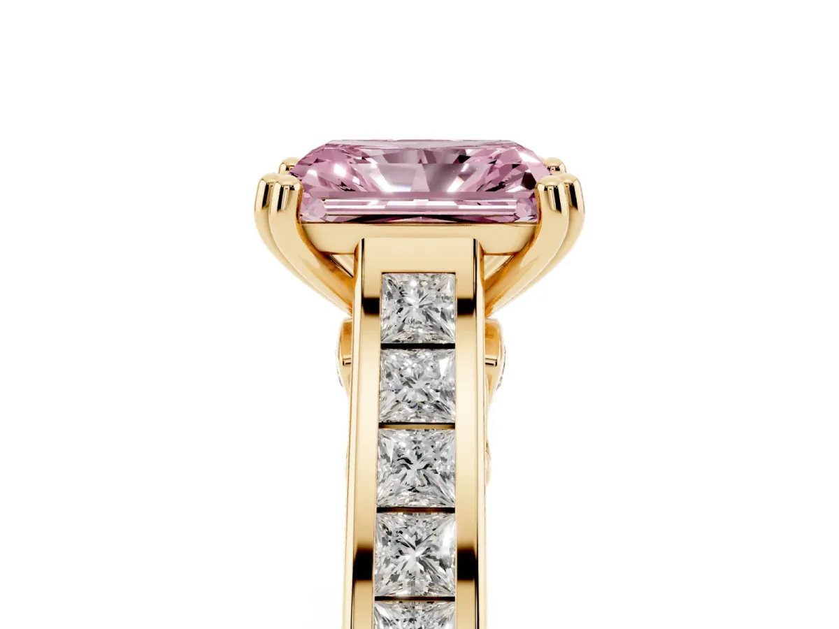 Fancy Pink Radiant Cut Cut Channel Set Solitaire Engagement Ring with Prong Setting Yellow gold