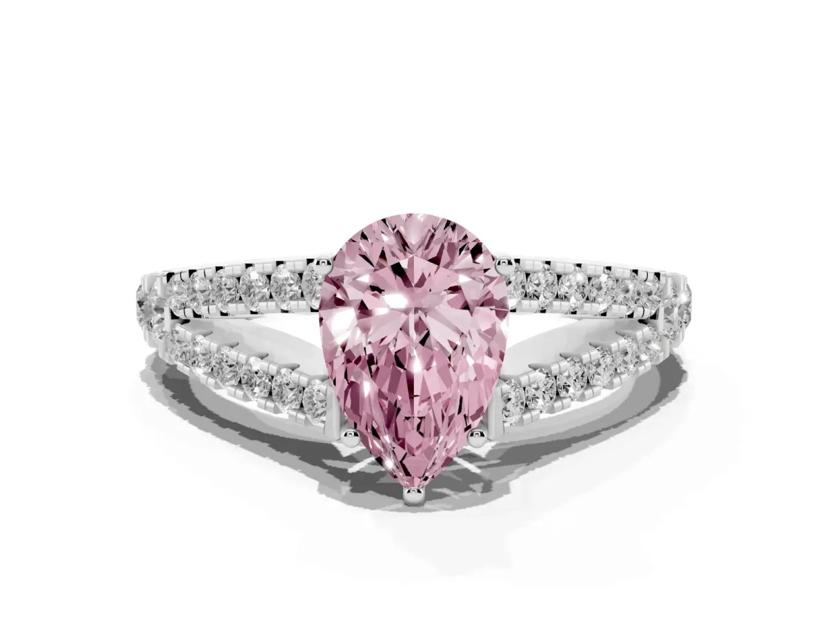 Fancy Pink Pear Cut Diamond Split Shank Pavé Engagement Ring with Four-Prong Setting White gold