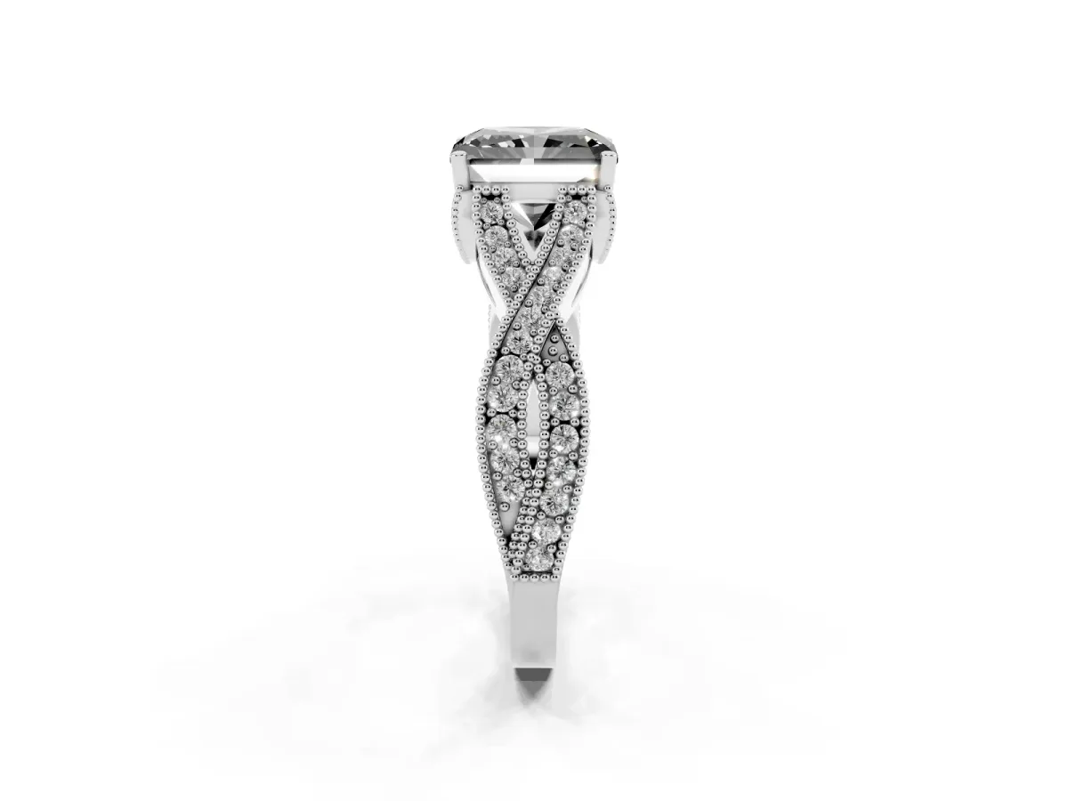 Fancy Black Radiant Cut Cut Diamond Twisted Band with Milgrain Pave Setting and Four-Prong Setting Silver