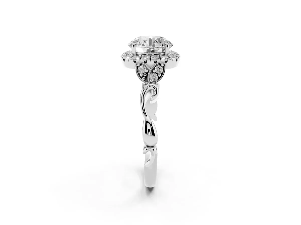 Round Cut Halo Diamond Engagement Ring with Vintage-Inspired Band and Four-Prong Setting Silver
