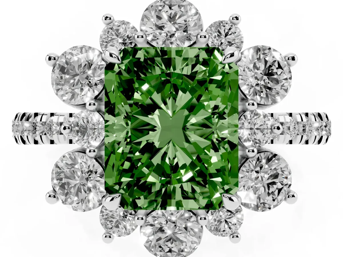 Fancy Green Radiant Cut Diamond Floral Halo Ring with Round Pavé Band and Prong Setting Silver