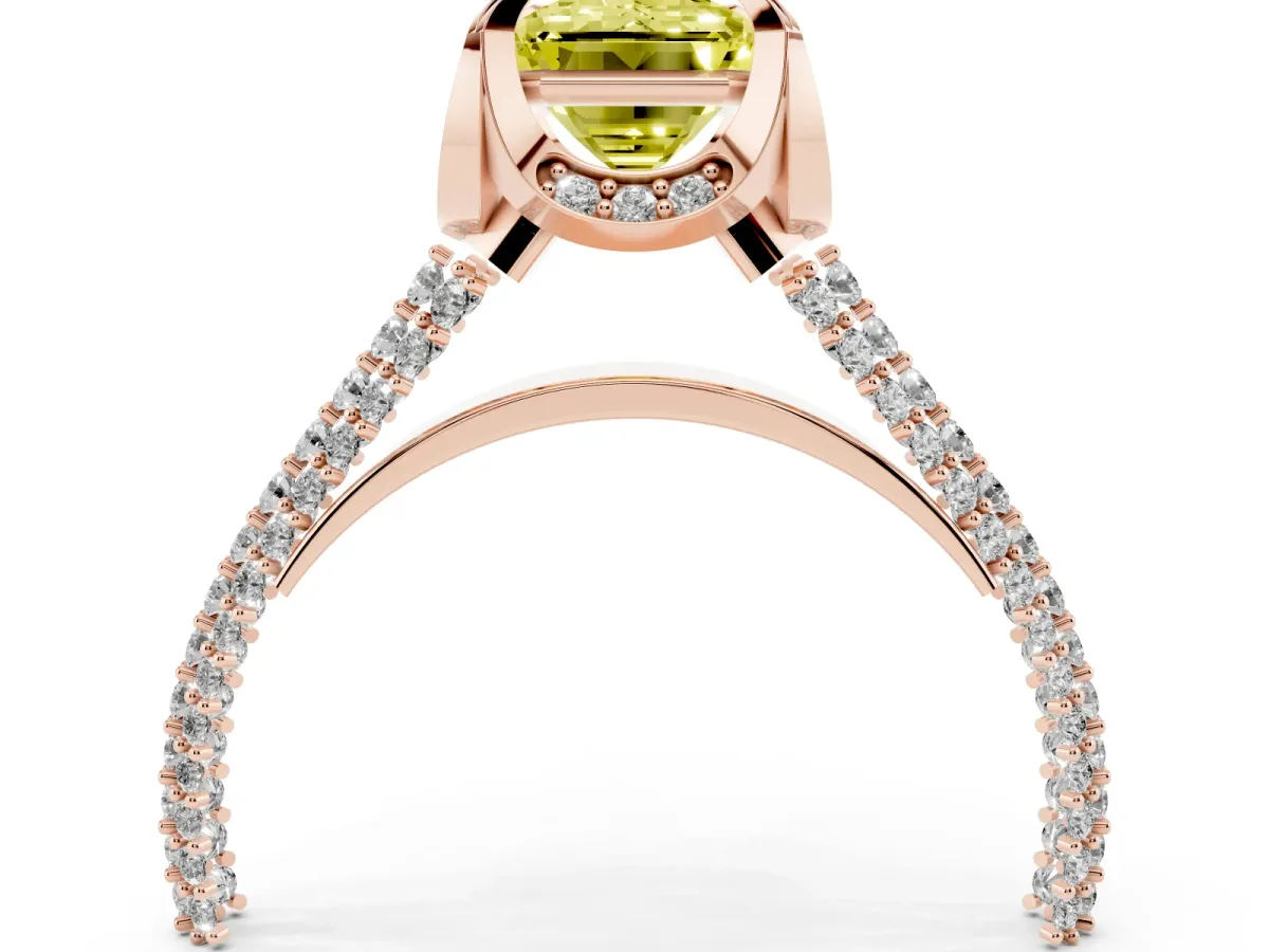 Fancy Yellow Emerald Cut Solitaire Pave Split Shank Ring with Four-Prong Setting Rose gold