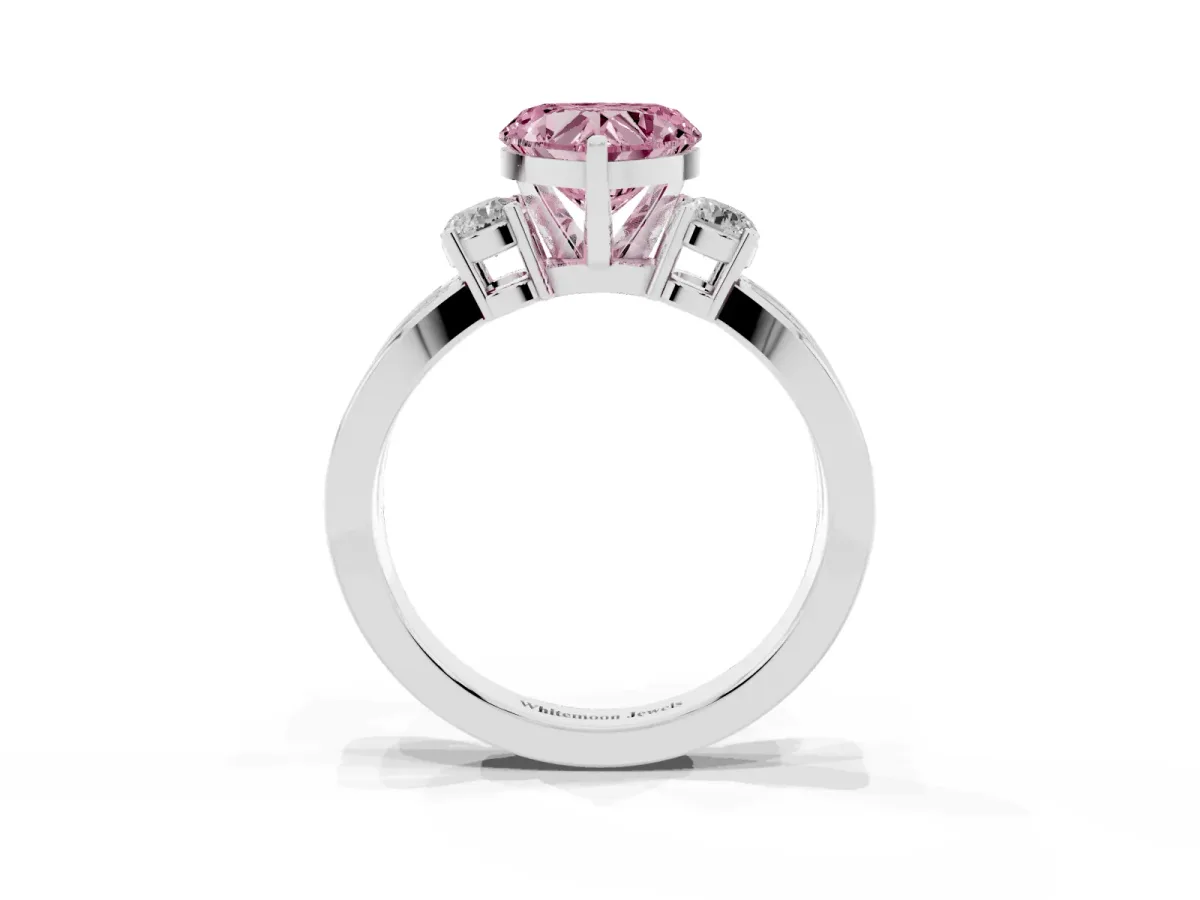 Fancy Pink Three-Stone Heart Cut Cut Diamond Twist Band with Prong Setting Silver