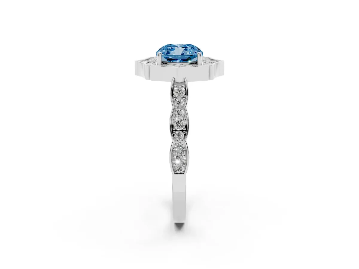 Fancy Blue Cushion Cut Halo Diamond Engagement Ring with Milgrain Band and Four-Prong Setting Platinum