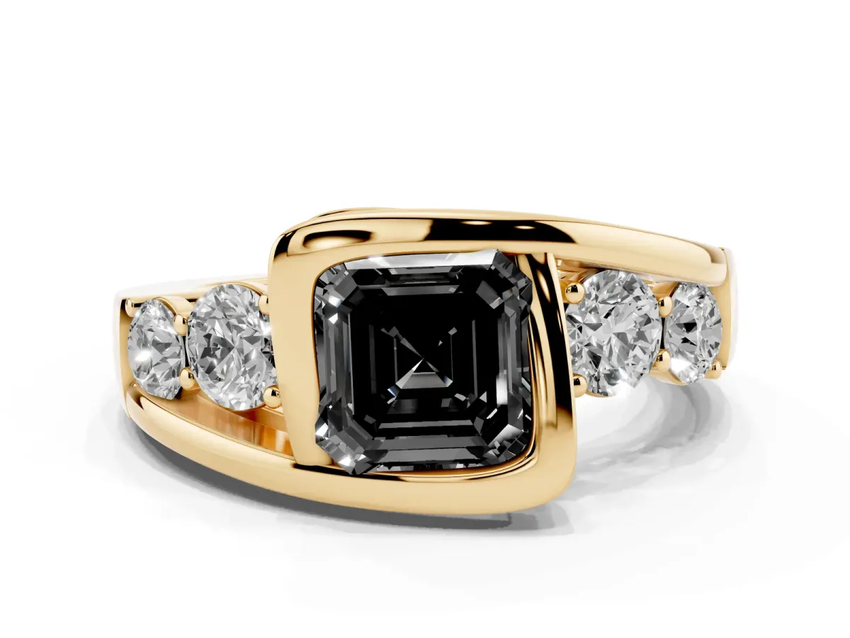 Fancy Black Bezel Set Asscher Cut Diamond Bypass Ring with Round Accents Yellow gold