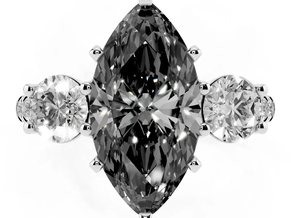 Fancy Black Three-Stone Marquise Cut Diamond Pavé Band with Four-Prong Setting Silver