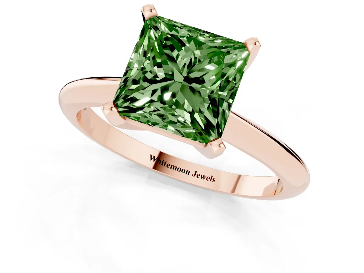 Fancy Green Princess Cut Cut Solitaire Ring with Four-Prong Setting on a Classic Band Rose gold