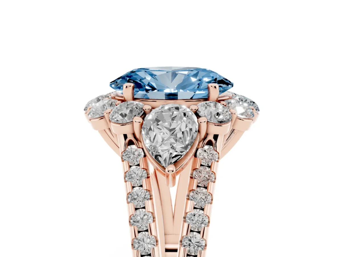 Fancy Blue Oval Cut Halo Split Shank Diamond Engagement Ring with Prong Setting Rose gold