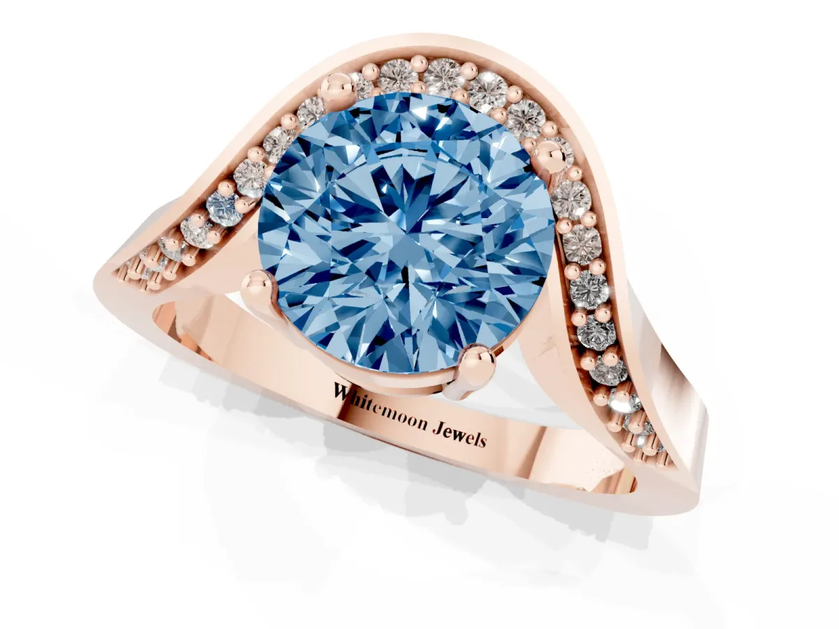 Fancy Blue Round Cut Solitaire Diamond Engagement Ring with Pave Band and Four-Prong Setting Rose gold