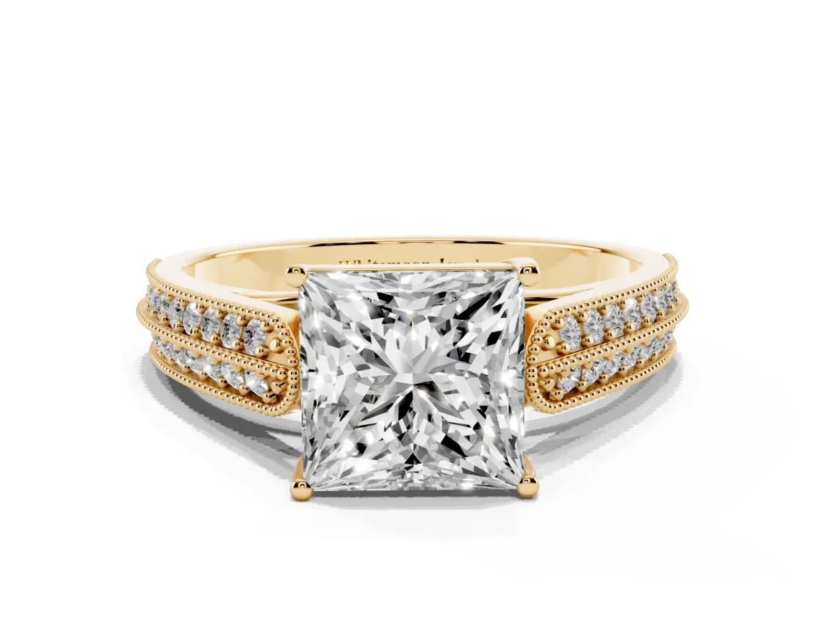 Princess Cut Cut Pave Split Shank Engagement Ring with Four-Prong Setting Yellow gold