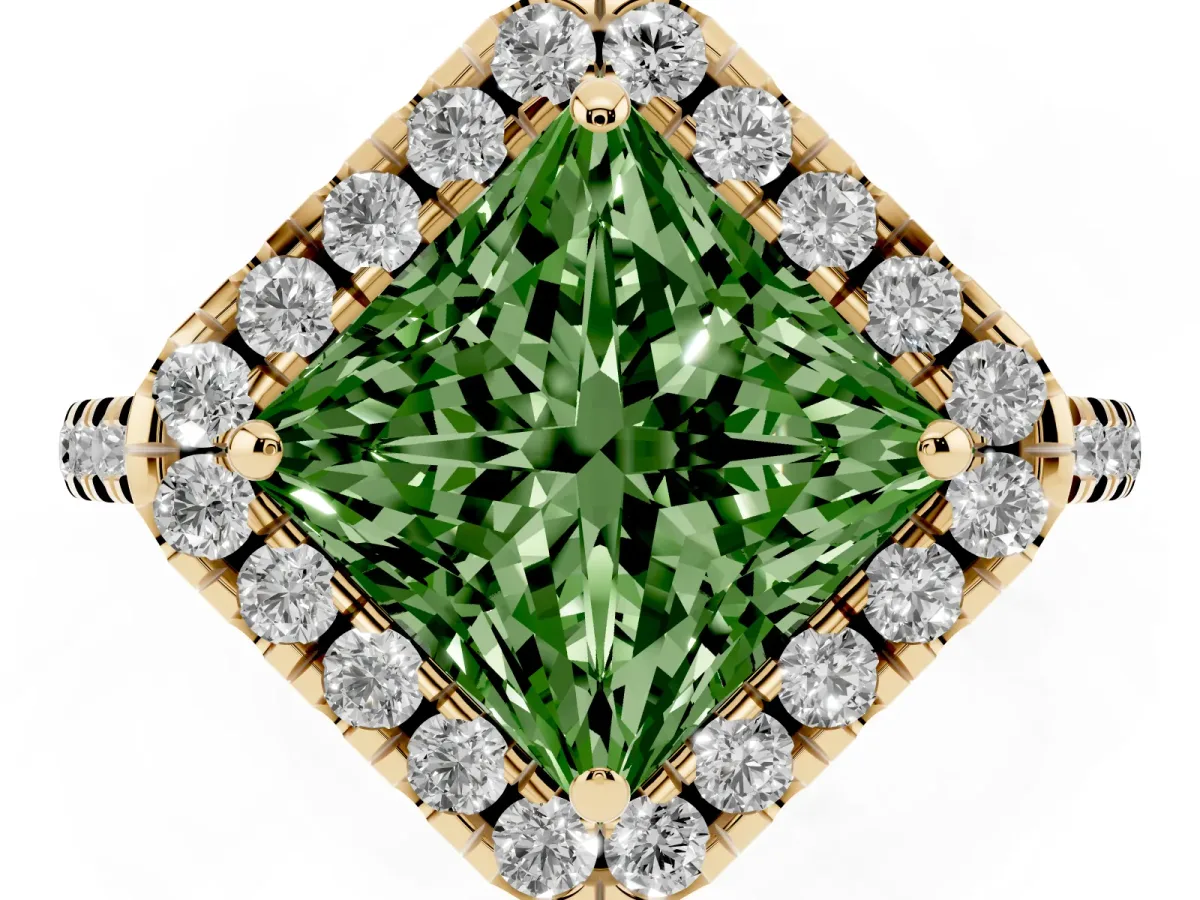 Fancy Green Princess Cut Diamond Cushion Halo Ring with Pavé Band Yellow gold