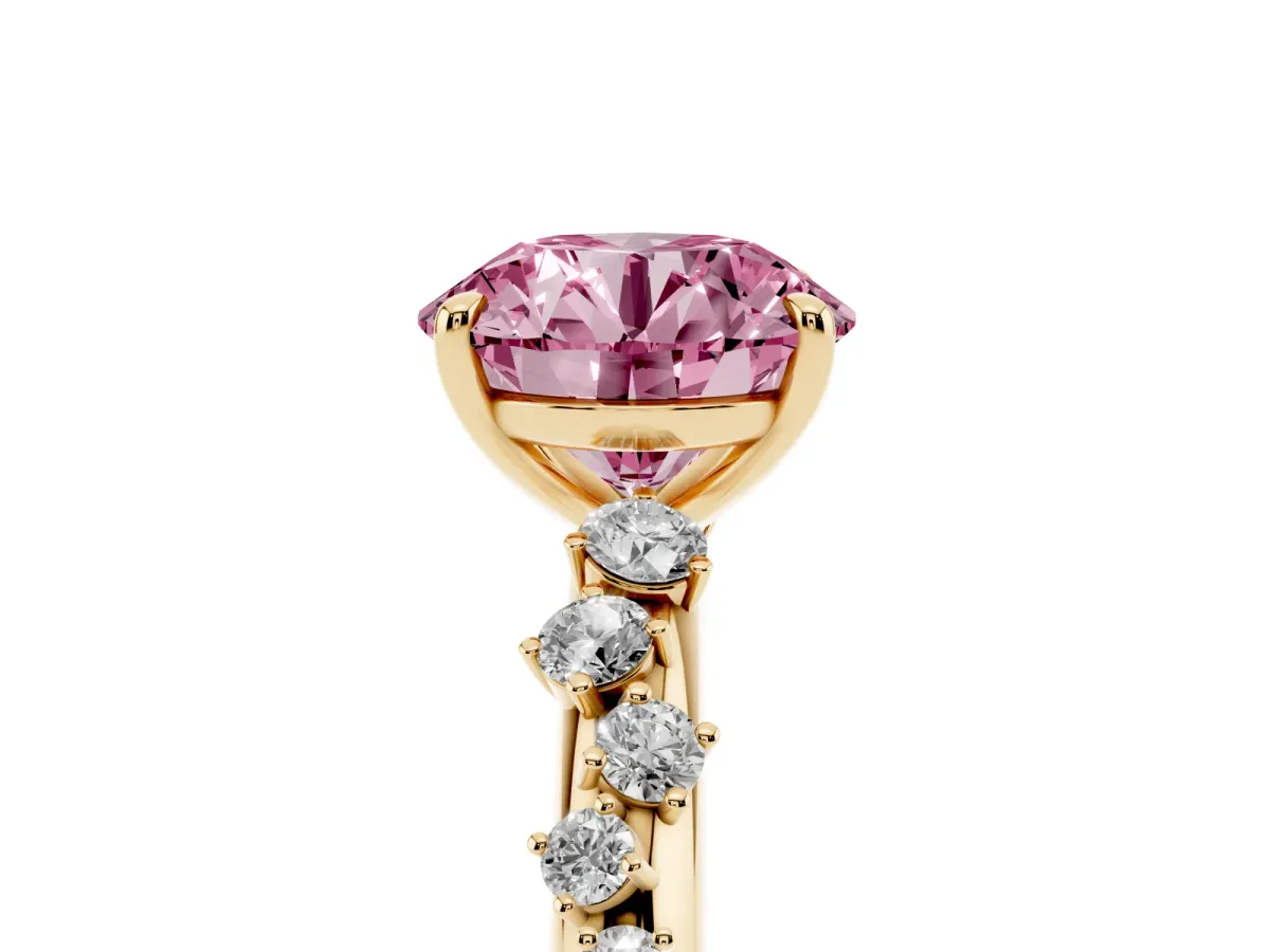 Fancy Pink Round Cut Diamond Cluster Prong-Set Solitaire Ring Yellow gold