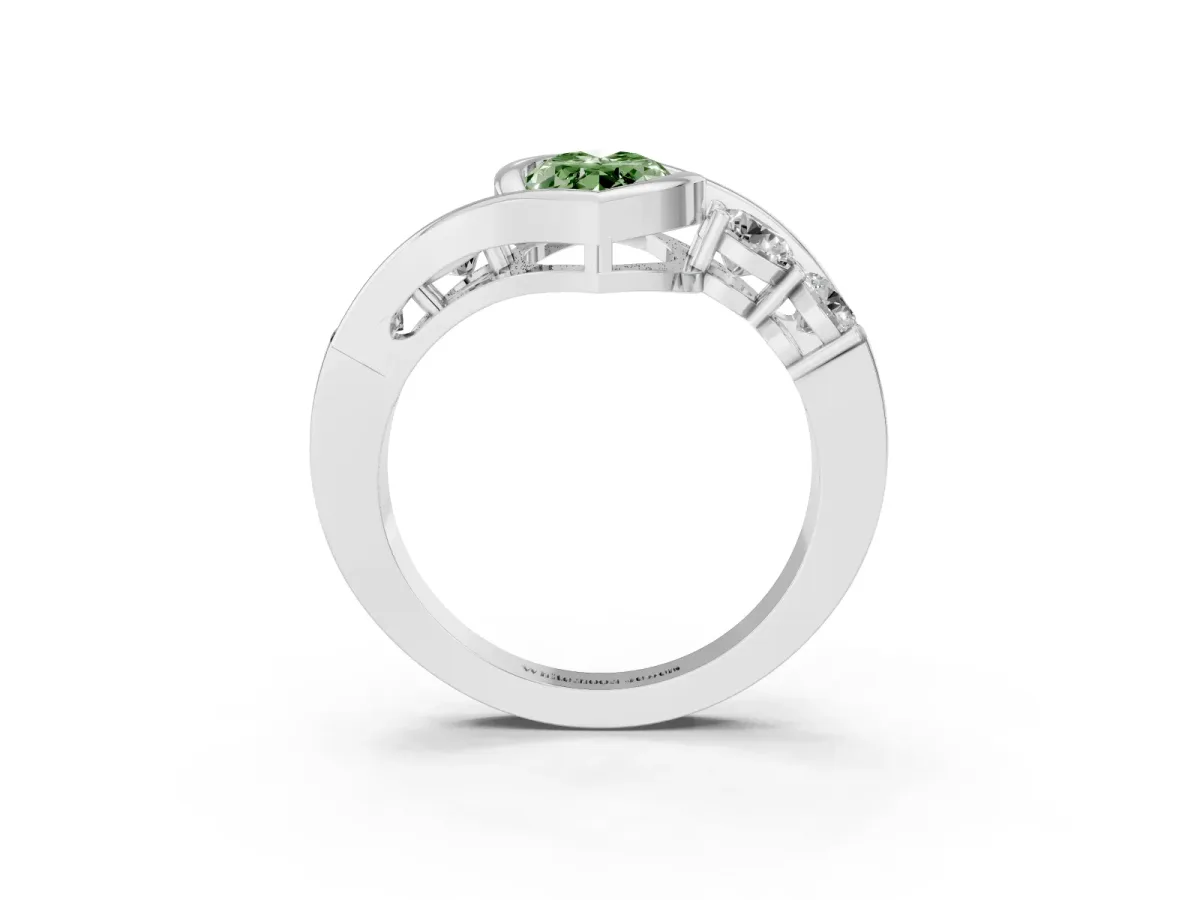 Fancy Green Bezel Set Marquise Cut Diamond Bypass Ring with Round Accents Silver