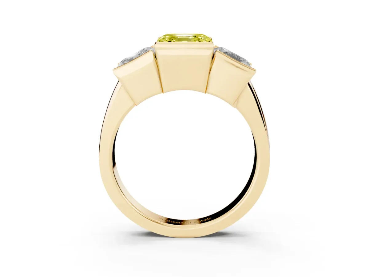 Fancy Yellow Three Stone Asscher Cut Cut Channel Set Diamond Ring Yellow gold