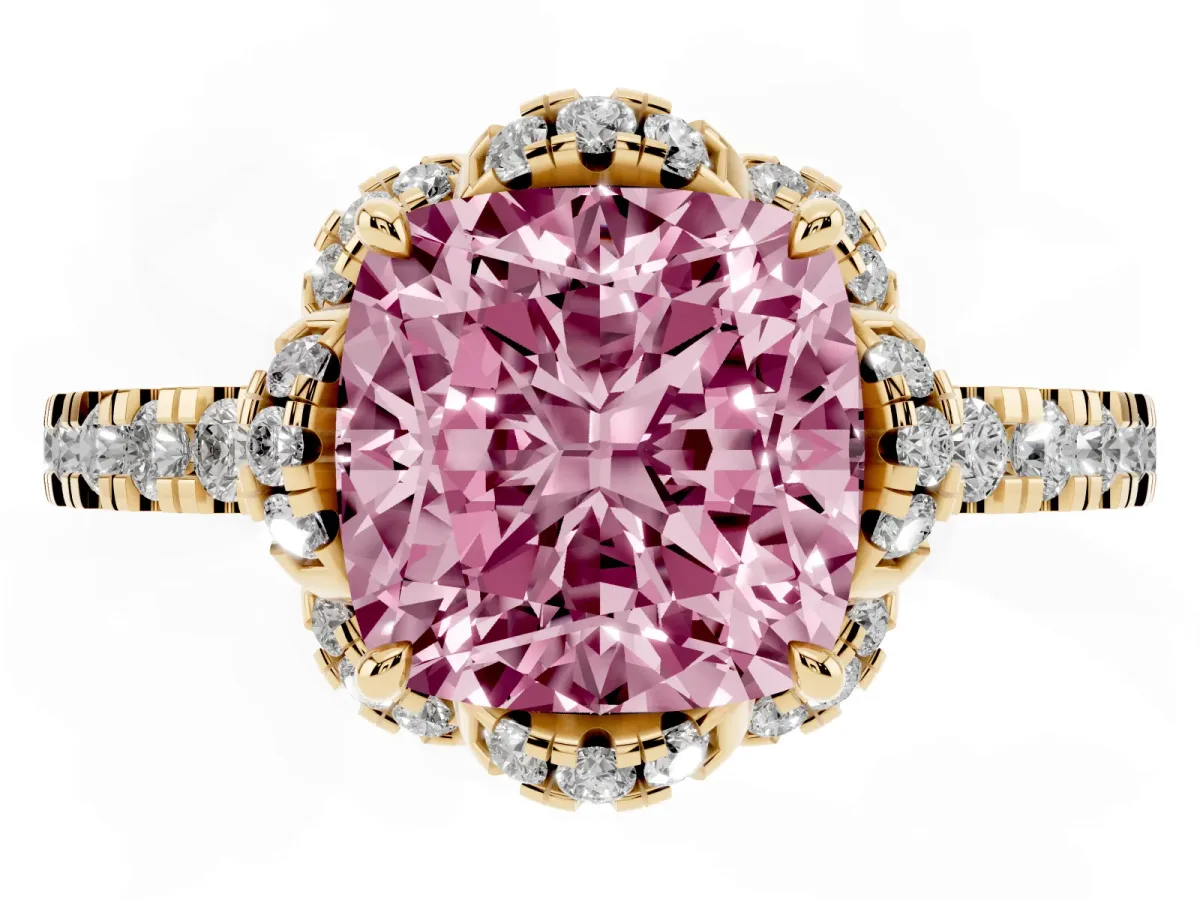 Fancy Pink Cushion Cut Halo Diamond Pave Band Ring with Four-Prong Setting Yellow gold