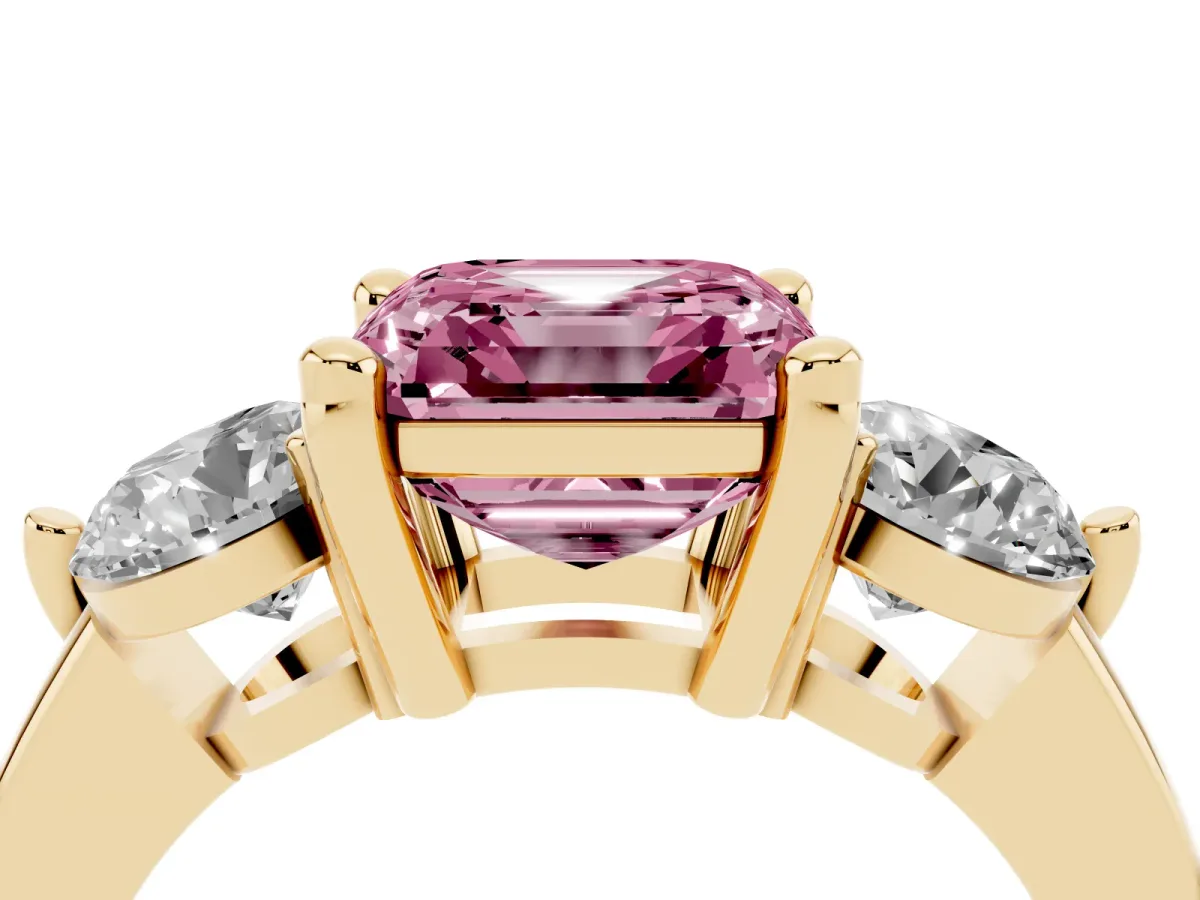 Fancy Pink Three-Stone Asscher Cut Brilliant Cut Solitaire Ring with Prong Setting on a Classic Band Yellow gold