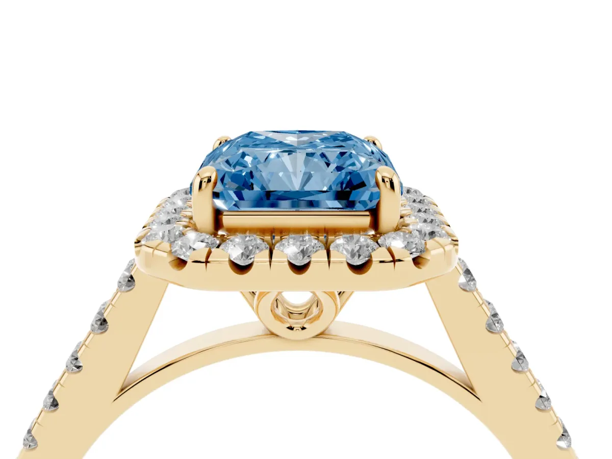 Fancy Blue Radiant Cut Halo Pavé Diamond Engagement Ring with Four-Prong Setting Yellow gold