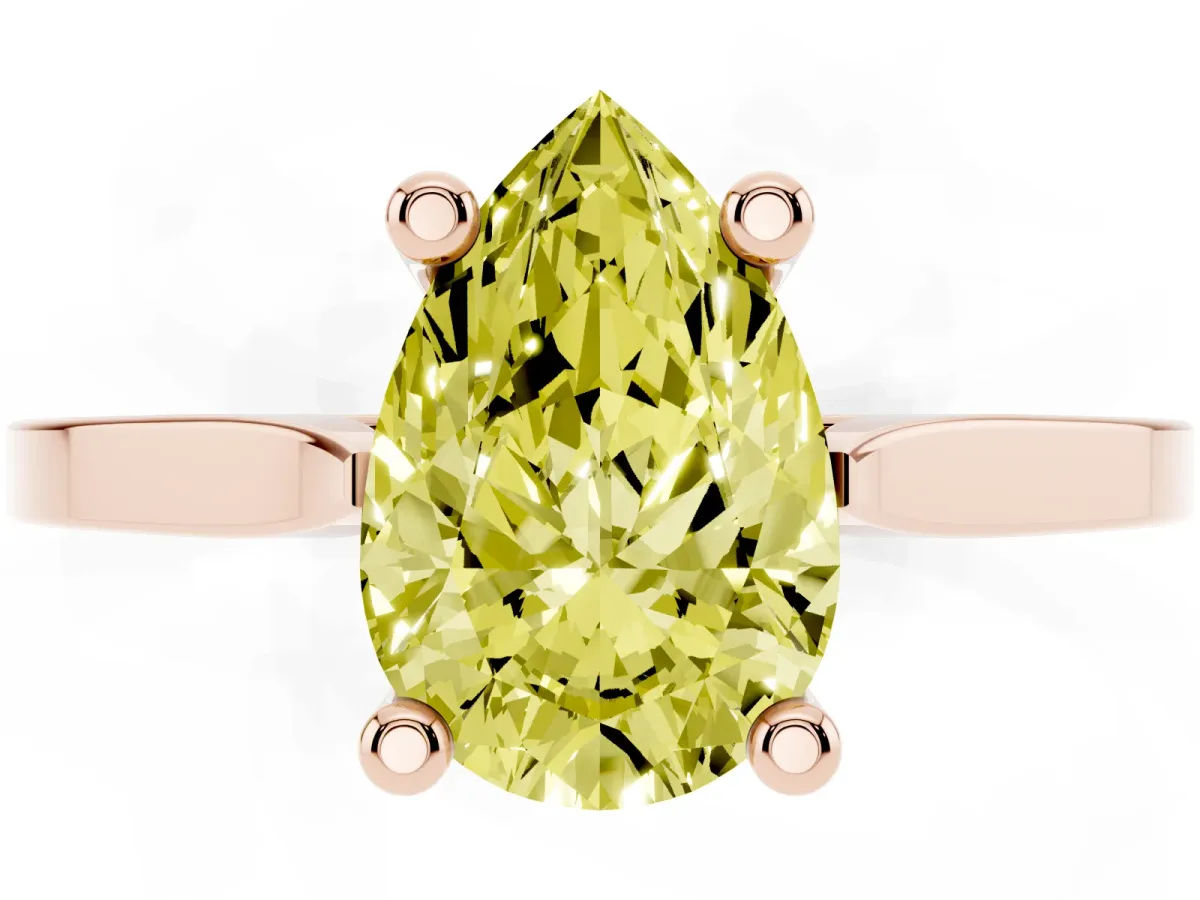 Fancy Yellow Pear Cut Solitaire Diamond Ring with Four-Prong Setting and Tapered Band Rose gold