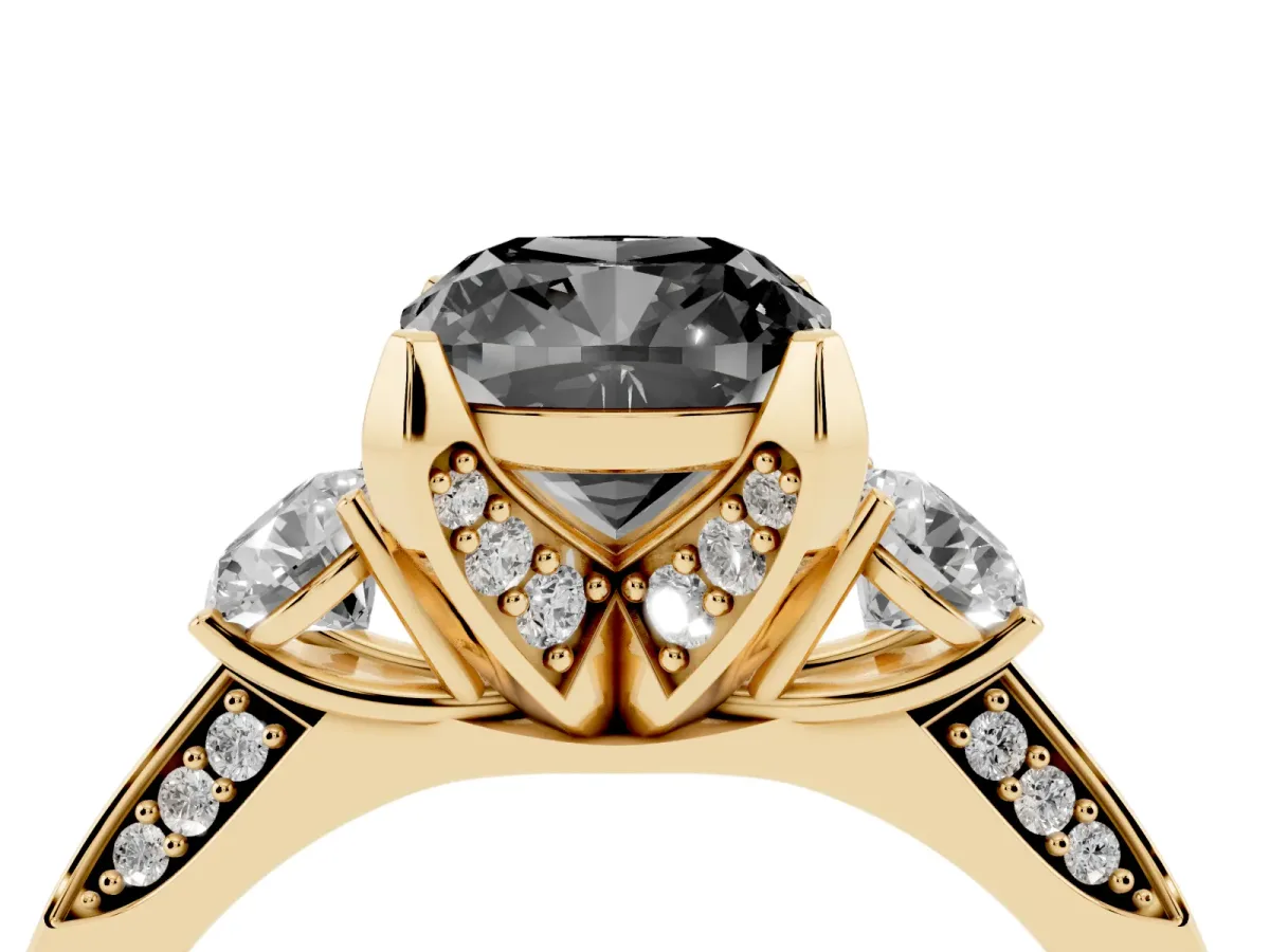 Fancy Black Cushion Cut Brilliant Three-Stone Diamond Ring with Pavé Band and Four-Prong Setting Yellow gold