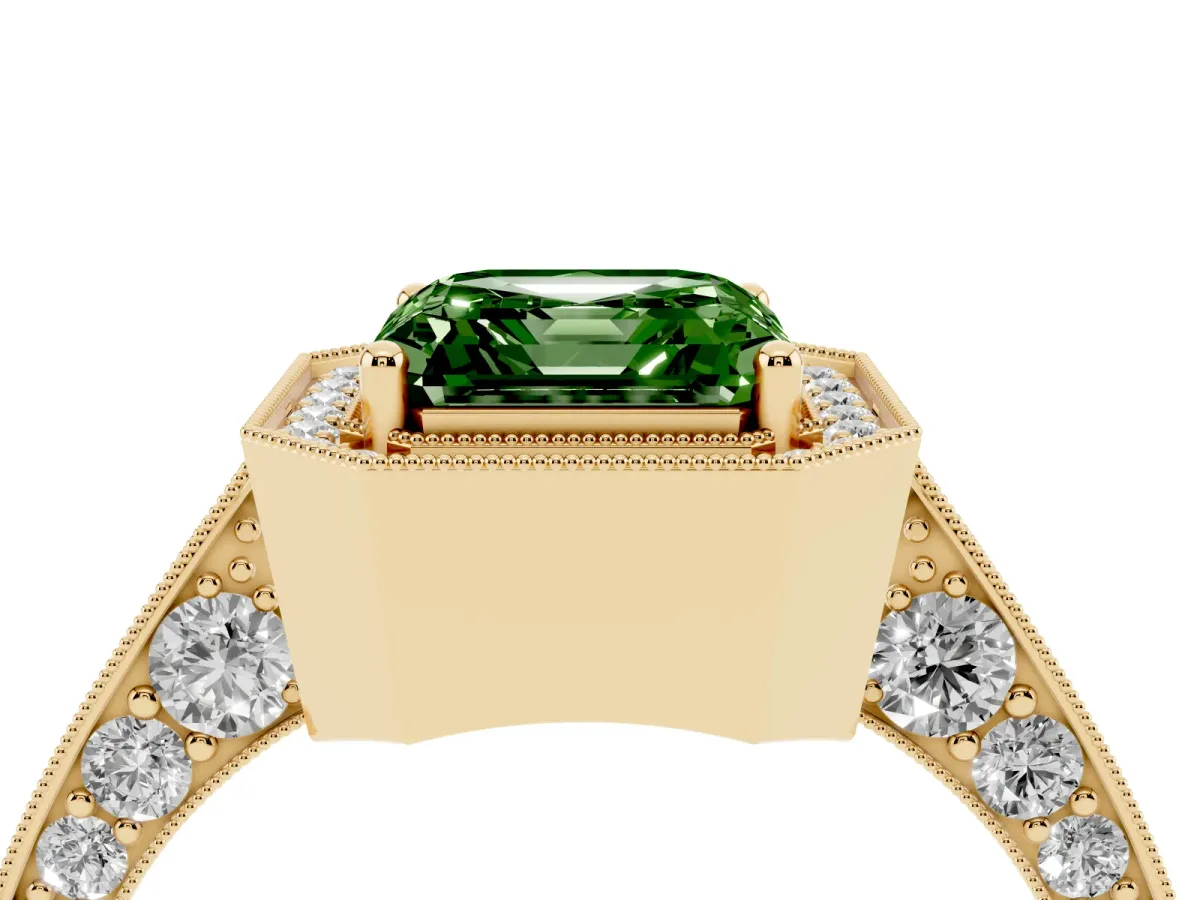 Fancy Green Asscher Cut Halo Diamond Engagement Ring with Split Shank Band and Four-Prong Setting Yellow gold