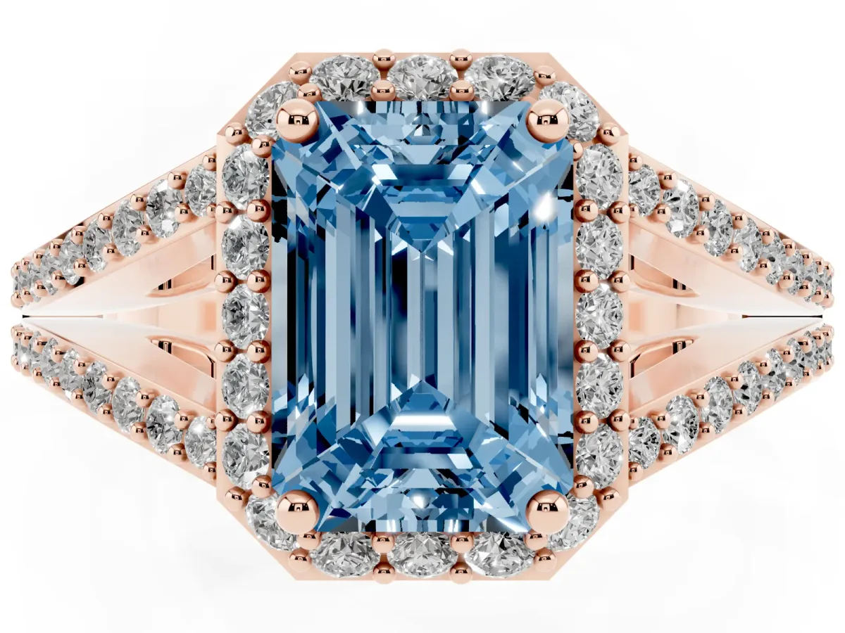 Fancy Blue Emerald Cut Halo Split Shank Diamond Ring with Prong Setting Rose gold